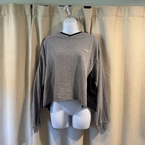 Fila V Neck Long Sleeve Cropped Sweatshirt Gray Black‎ Trim Athleisure